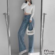 【Mini嚴選】不規則排釦高腰牛仔褲