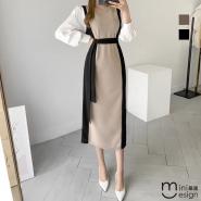 【Mini嚴選】拼色優雅綁帶長洋裝 兩色
